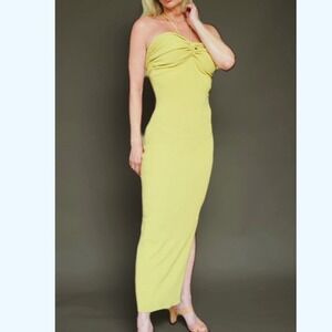 MIOU MUSE yellow knit halter maxi dress side slit twist front